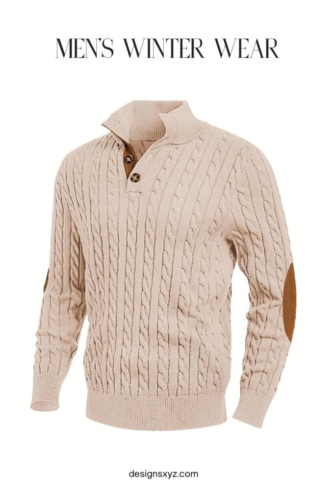 JMIERR Men’s Cable Knit Stand Collar Pullover Sweater – Casual Button-Up Winter Knitwear